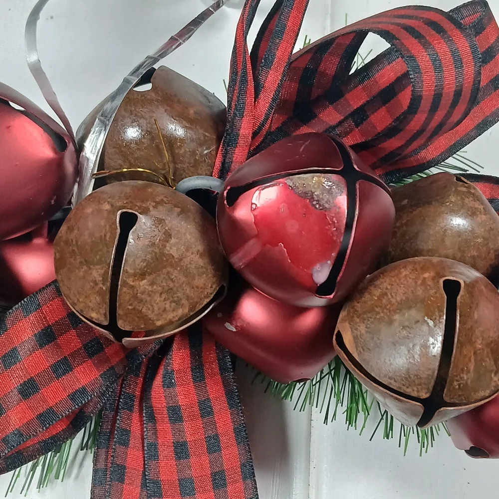 Red & Brown 13” Jingle Bell Metal Christmas Wreath, Holiday Decor Indoor Outdoor